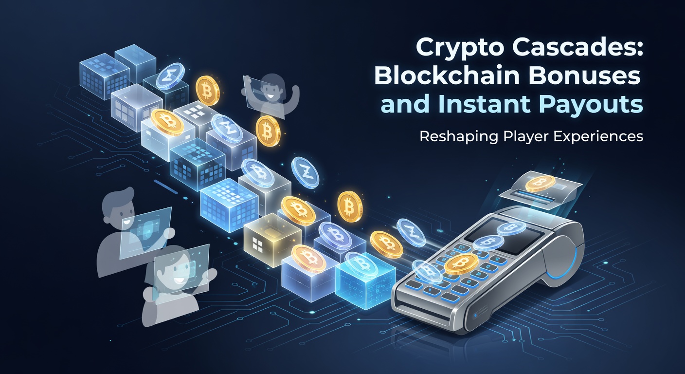 Vibrant digital cascade of cryptocurrency tokens flowing into a blockchain network overlaid with casino chips and slot reels, symbolizing the fusion of crypto and gaming