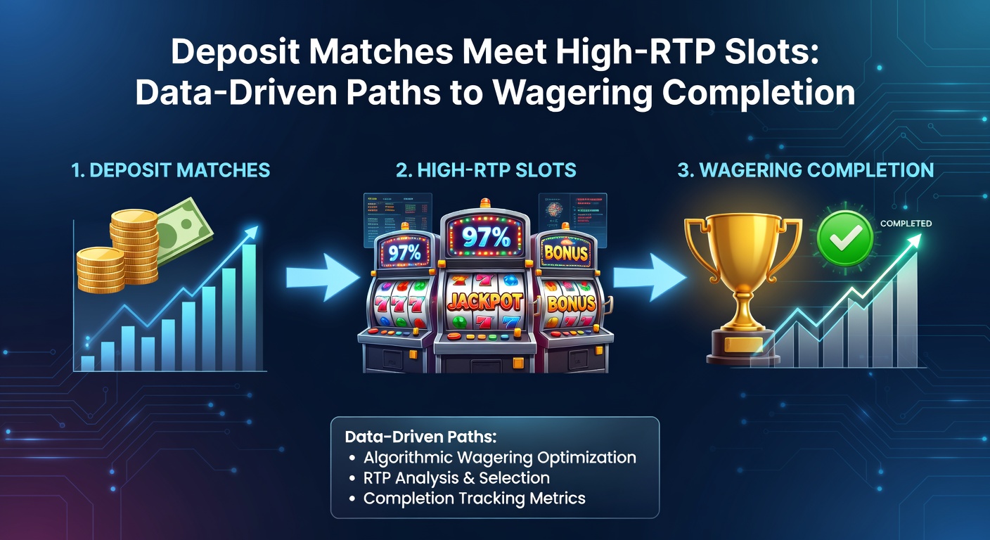 Illustration of a slot machine displaying high RTP percentages alongside a deposit match bonus offer, symbolizing strategic wagering paths