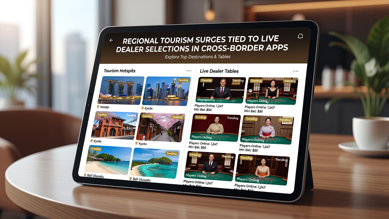 Tourists engaging with mobile devices in a vibrant regional destination while accessing cross-border gaming apps