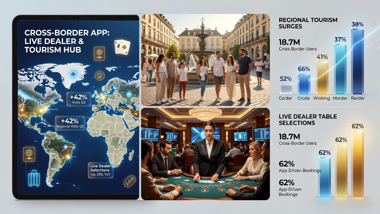 Mobile app interface displaying multiple live dealer table options with regional tourism imagery in the background
