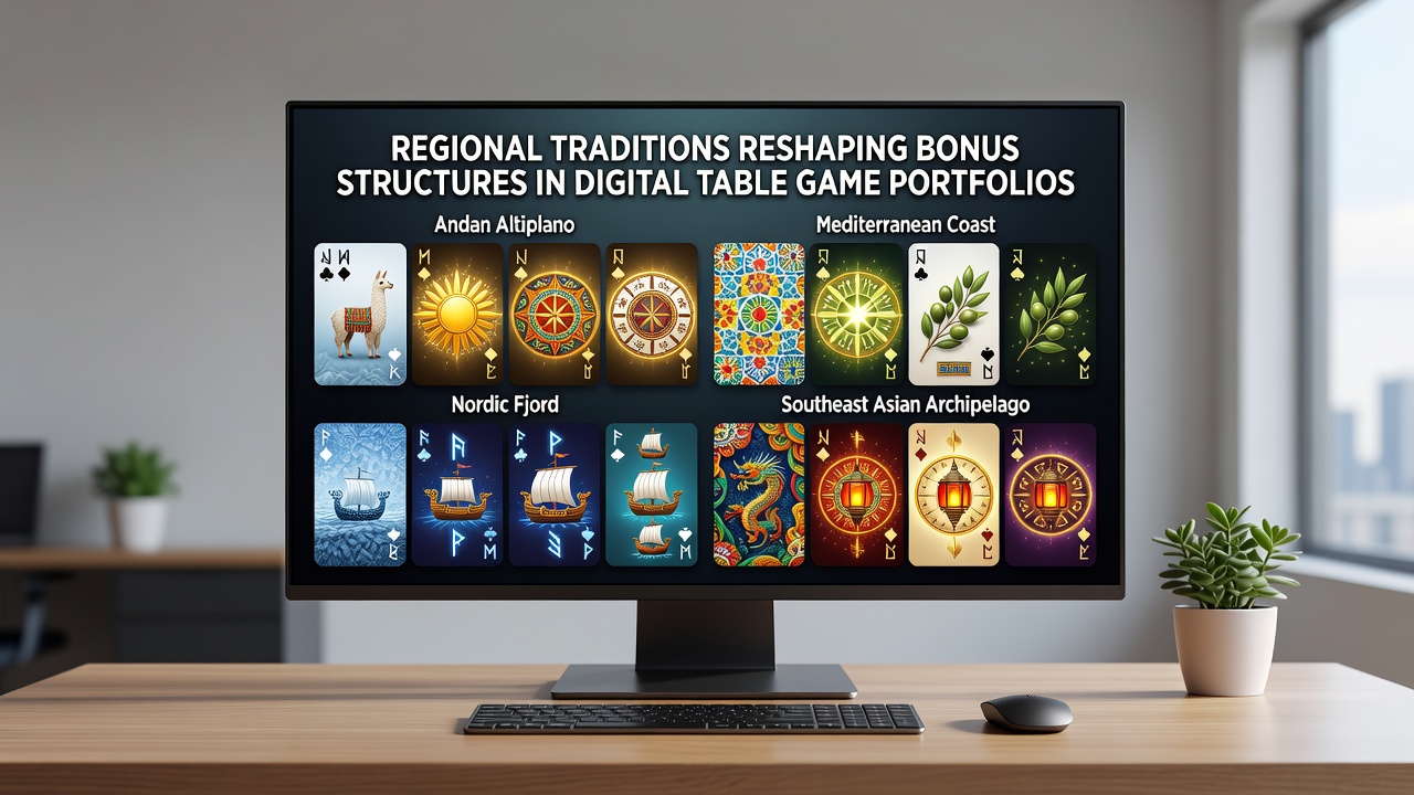 Digital table game interfaces displaying culturally themed bonus elements across global platforms