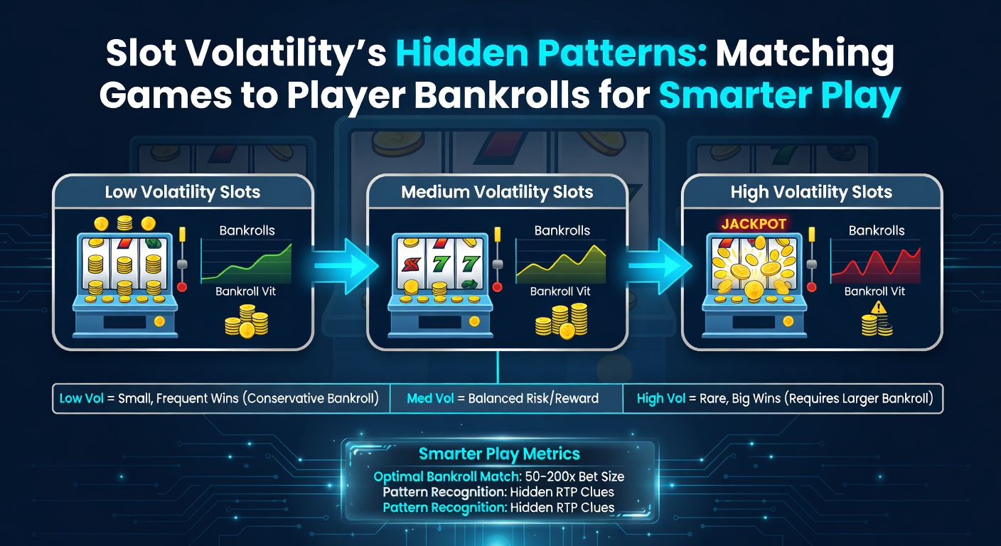 Dynamic chart illustrating slot volatility waves from low steady payouts to high jackpot spikes, highlighting bankroll matching strategies