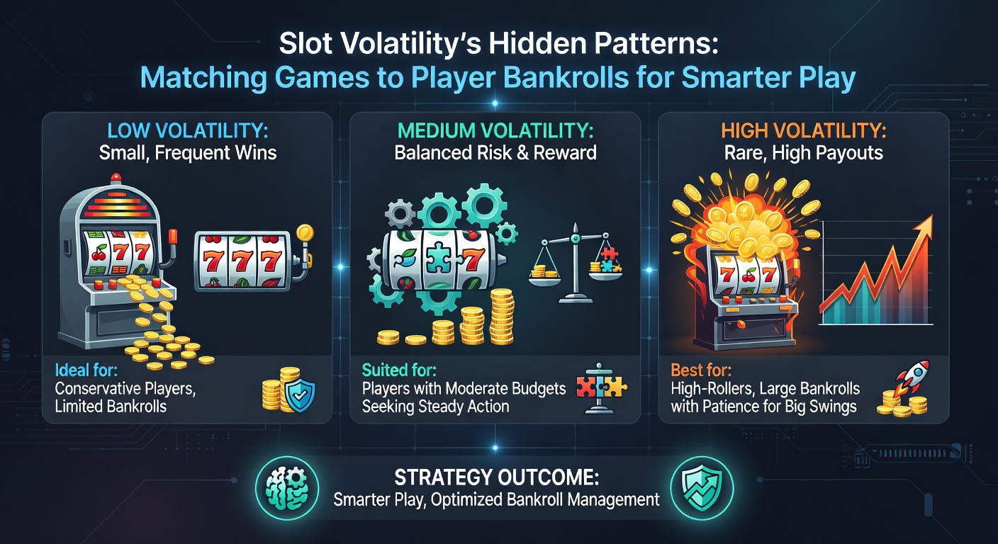 Infographic depicting bankroll pyramids matched to volatility levels, with low vol at the base for small stacks and high vol apex for deep pockets