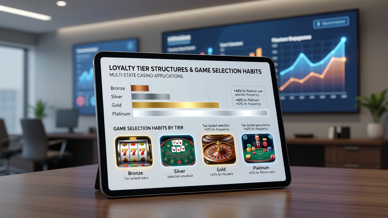 Mobile screen showing tier-based game recommendations and point multipliers within a multi-state casino application